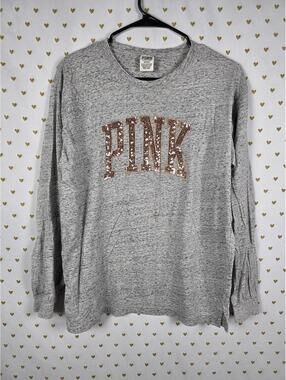 Victorias Secret PINK Long Sleeve Grey Gold Bling SEQUINED Tee Shirt MEDIUM